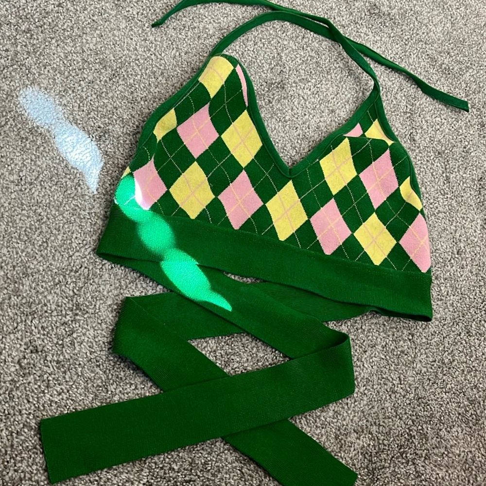 Green Pattern Crop Top, Tie Back, Straps, Pink and Yellow, Sweater Pattern